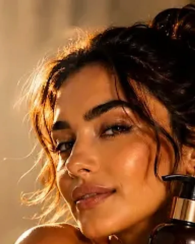 Golden-hour portrait of a woman with luminous, sun-warmed skin